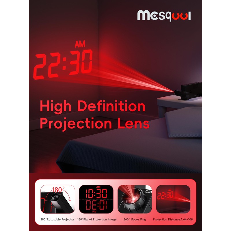 Mesqool Projection Alarm Clock, Loud Vibrating Alarm Clock for Heavy