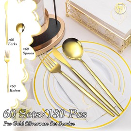180 Pcs Gold Silverware Bulk for 60 Stainless Steel Flatware Reusable Utensils Knives Spoons and Forks Cutlery for Kitchen Restaurant Service Wedding