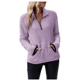 SweatyRocks Women's Solid Color Half Zip Long Sleeve Shirts Tops Fuzzy Fleece Thermal Sweatshirts with Pocket Mauve Purple Small
