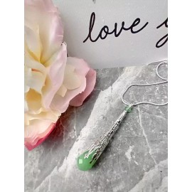 Bad Apple Designs Elegant Green Jade Crystal Teardrop Pendant Silver Necklace 18"