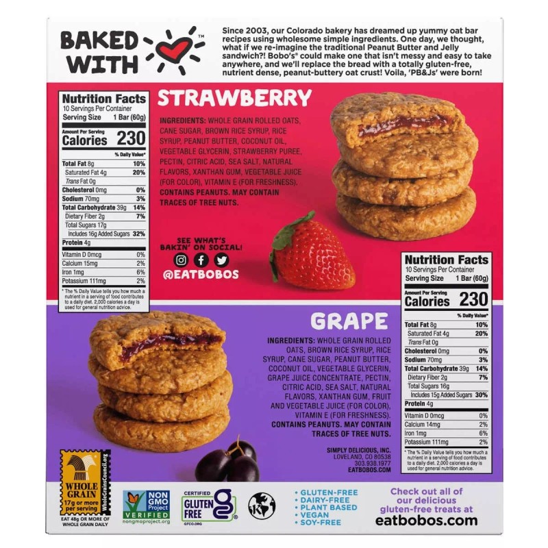 Bobo's PB&Js Oat Sandwich Bar, Variety Pack, 2.1 oz, 20-count