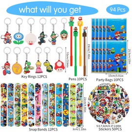 94-Piece Party Bag Children's Birthday Toy Set with 50 Stickers, 12 Key Chains, 10 Gift Bags, 12 Snap Bracelets, 10 Gel Pens, Gift Children's Party Accessories, Birthday Decoration
