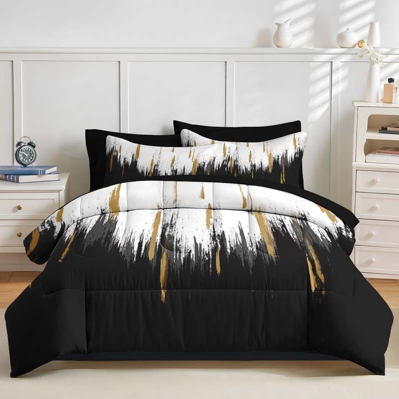 Nesker Comforter Set Queen Size, Black Gold White 7 Pcs