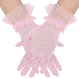 Naibyuki Women's Short Lace Tulle Sheer Mesh Gloves Opera Tea Party Gloves for Wedding Bridal Prom Banquet Costume Pink