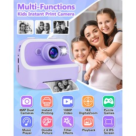 Instant Print Camera for Kids, Christmas Birthday Gifts for Girls Boys, Kids Camera Instant Print with Dual Cameras 1080P Digital Camera Toys for 4 5 6 7 8 9 10 Year Old Girl with 32GB SD Card-Purple