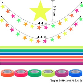 Neon Party Supplies Set, 6 Colours 30m UV Blacklight Reactive Tape, 8.8m Neon Star Dot Garlands Hanging Decorations for Birthday Wedding Glow Party Decorations