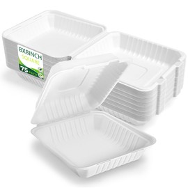 BIRCHIO 75 Pack 8”x8” Take Out Containers with Lids, EXTRA Sturdy To Go Food Containers, 100% Compostable Clamshell Take Out Containers, To Go Boxes for Food