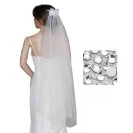 Amooteak 1 Tier Wedding Veil with Rhinestones Soft Tulle Veil with Lace Comb Elbow Length, Fingertip Length, Waltz Length (off white, 30 inches)