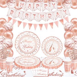 120 Pack Rose Gold Party Supplies Rose Gold & White Party Decorations Girls Birthday Decorations Tableware Set Rose Gold Birthday Plates, Napkins, Birthday Banner, Tablecloth Served 20