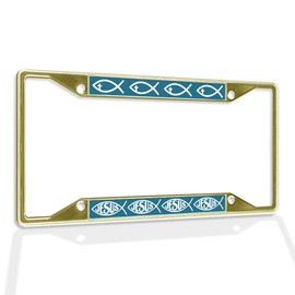 Fastasticdeals Metal Insert License Plate Frame Jesus Religious Fish and Cross Design Weatherproof Car Accessories Gold 4 Holes Solid Insert