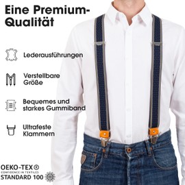 Pierrot Men's Braces Wide and Vintage Premium - Made in Germany / France - Reinforced Elastic Band & Leather Fittings with Extra Strong Metal Clips - Adjustable Length up to 130 cm, Black Yellow Dots