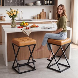 Andeworld 26" Counter Height Bar Stools Set of 2- Backless Faux Leather Barstools with Heavy-Duty X-Frame Footrest Space-Saving Stools for Kitchen Island, Cafe, Pub, Small Apartment, Home – Brown