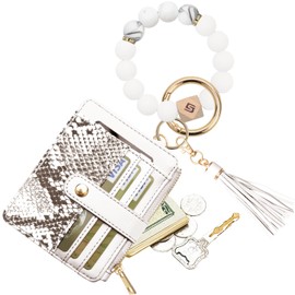 COOLANS Wristlet Bracelet Keychain Pocket Credit Card Holder Purse Tassel Keychain Bangle Key Ring for Women (Silicone Bead Bracelet+Card Purse (Snakeskin white))