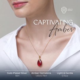 Amber by Mazukna - Red Amber Pendant Necklace for Women, 18-inches Gold Plated Sterling Silver 925 Chain, Polished Gemstone Pendant, Dainty Womens Jewelry