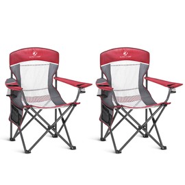 ALPHA CAMP 2PC Oversized Mesh Back Camping Folding Chair Heavy Duty Support 350 LBS Collapsible Steel Frame Quad Chair Padded Arm Chair with Cup Holder Portable for Outdoor (Red-2PC)