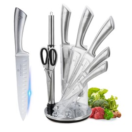 Kitchen Knife Set, Retrosohoo 9-Piece Silver Sharp Non-Stick Coated Chef Knives Block Set,Stainless Steel Knife Set for Kitchen with Sharpener for Cutting Slicing Dicing Chopping (Silver)