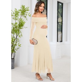 CYCLAMEN Sparkly Maternity Dress for Baby Shower Off The Shoulder Long Sleeve Mermaid Pregnancy Gown with Flowy Tail Hem, Off White, XL