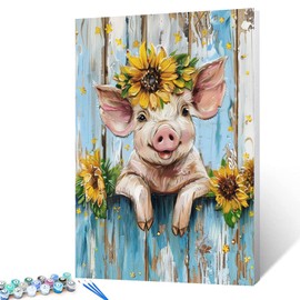 Farm Animal Pig Paint by numbers for Adults Smile Pig DIY Paint by Numbers Acrylic Rustic style Paint Canvas Kitchen Decor Sunflowers Painting Kits Farm Art 20x16 Inch 16x20 Inch（DIY Frame）