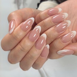 24pcs Short Almond Nails - French Tip False Nails - Acrylic Full Cover White French Tip Nails - Removable Glue on Nails for Women Girls Nail Art Accessories