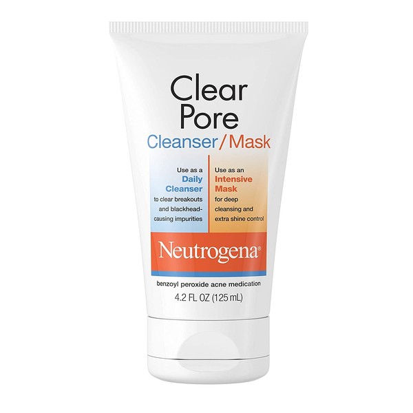 Neutrogena Clear Pore 2 in 1 Facial Cleanser/Face Mask with Kaolin & Bentonite Clay & 3.5% Benzoyl Peroxide Acne Treatment Medication, Daily Face Wash & Shine Control Clay Mask, 4.2 fl. oz (Pack of 6)