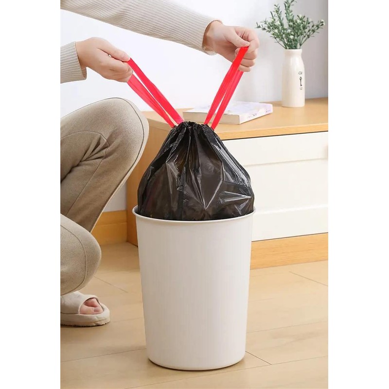 Drawstring Bin Liners, Black Trash Bags Five Rolls, 12 per