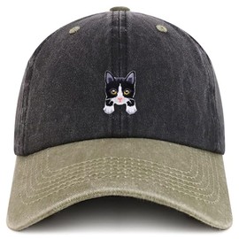 Trendy Apparel Shop Tuxedo Cat Kitten Patch Pigment Dyed Washed Baseball Cap, Black Khaki, One Size