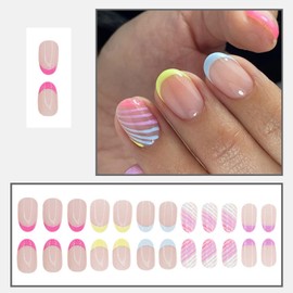 RIICFDD Almond Press on Nails Short Fake Nails Candy Color French Tip Nails Press ons Full Cover Colour Curve Stick on Nails Glossy Acrylic Nails Glue on Nails for Women Nail Decoration 24 Pcs