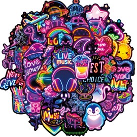 50Pcs Neon Stickers Waterproof Vinyl Graffiti Stickers for Laptop, Water Bottle, Kindle, Suitcase, Bicycle, Notebooks, Scrapbooking, Cute Anime Decals for Teens and Adults