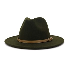 Lisianthus Women Classic Felt Fedora Wide Brim Hat with Buckle Olive