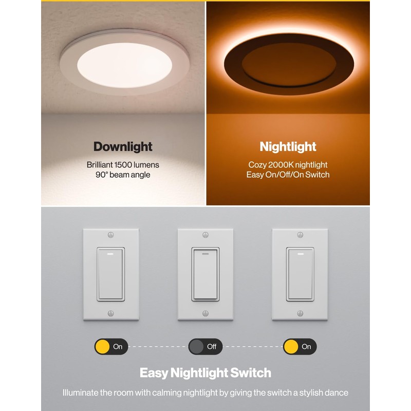 Sunco 6 Inch LED Recessed Light with Night Light, Canless