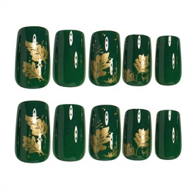 Dark Green Press on Nails Square Medium Fake Nails Glossy Acrylic Stick on Nails with Gold Leaf Designs Full Cover Glue on Nails Solid Color Nail Press ons Artificial Nails Glue on 24Pcs