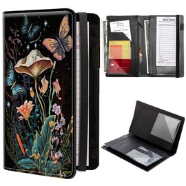 Mushroom Floral Server Books for Waitress, PU Leather Waitress Book Server Wallet with Elastic Bandage Closure, Organizer with Zipper Pocket 11 Money Pocket Fit Server Apron