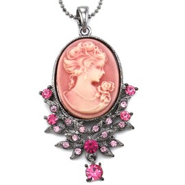 Soulbreezecollection Light Pink Cameo Pendant Necklace Charm Rhinestones Fashion Jewelry
