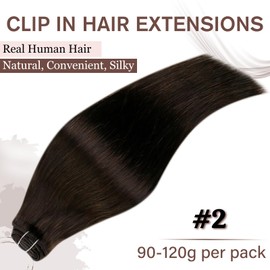 Hetto Clip in Hair Extensions Real Human Hair 7pcs 120g Darkest Brown Invisible Straight Remy Clip in Hair Extensions 14 Inch #2
