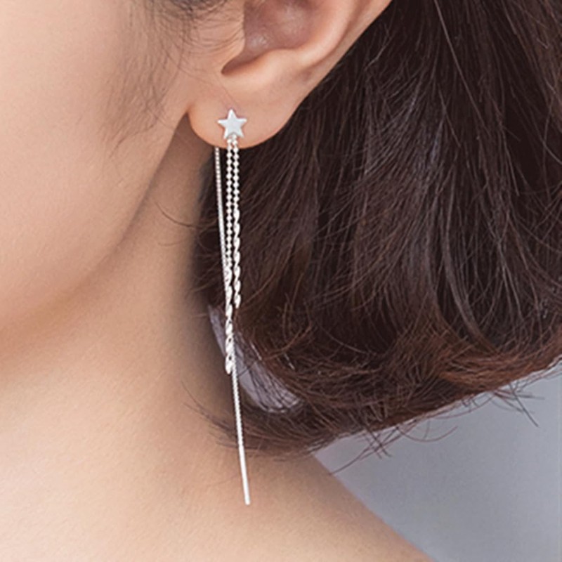 Sterling Silver Long Pull Through Threader Star Bead Wavy Tassel