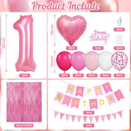 1st Birthday Decorations for Girls,Hot Pink Birthday Balloons with Happy Birthday Banner Fringe Curtain Heart Foil Balloons for 1 Year Old Kids Birthday Decor