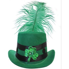 ADULTS IRISH HAT - MINI GREEN TOP HAT WITH SEQUIN SHAMROCK SYMBOL AND ATTACHED GREEN FEATHER - ST PATRICKS DAY IRELAND HAT PARTY FANCY DRESS ACCESSORY (ONE SIZE FITS MOST)