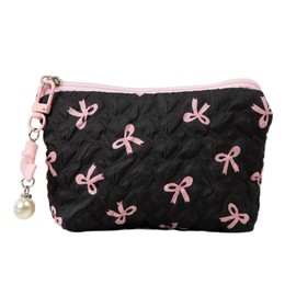 RUIXIAOXI Coquette Floral Bow Makeup Bag, Quilted Bow Cosmetic Bag Small Travel Aesthetic Pleated Make up Bag Cute Toiletry Bag for Women Girls, Black, Fashion
