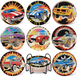 DOTZSO 8 Pcs Sports Car Diamond Art Coaster Kits with Holder,Diamond Painting Coasters for Adults Beginners,Party Home Decor Abstract,Fun Gifts for Women