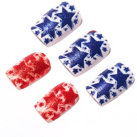 Independence Day Press on Nails Medium Square French Tip Fake Nails Red Blue Glitter Star False Nails 4th of July Party Full Clover Fake Nail for Women Girl DIY Manicure Decor