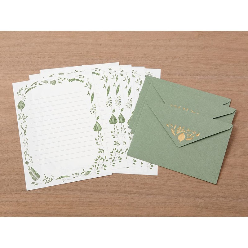 Midori 86507006 Letter Set Foil Stamped Envelopes, Leaf Pattern