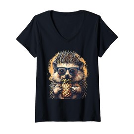 Womens Pineapple Hedgehog Portrait Animal Art Pineapple Lover Motif V-Neck T-Shirt