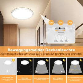 Cocolemon LED Ceiling Light with Radar Motion Sensor, 24 W Round Ceiling Light with Twilight Sensor Indoor, 3000 K/4000 K/6500 K, 3 Colours, Motion Sensor IP44 Lamp for Hallway, Bathroom, Stairs,