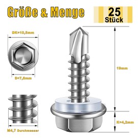 Pack of 25 Self-Tapping Screws 4.8 x 19 mm, Hexagonal Drilling Screws, Stainless Steel Tapping Screws, Trapezoidal Sheet Metal Screws with Sealing Disc and Hex Socket Spanner