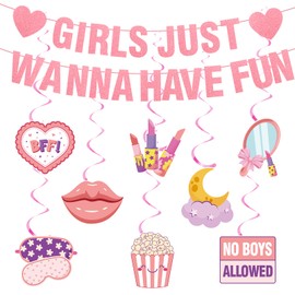 VorkiVecKi Sleepover Party Decorations Banner - Heart Slumber Party Decor 10 Pieces Girls Just Wanna Have Fun Banner Pajama Party Hanging Swirls Bachelorette Decorations Girls Birthday Supplies