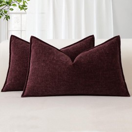 Sungeek Set of 2 Soft Chenille Cushion Covers 30x50cm Lumbar Decorative Throw Pillow Covers with Stitched Edge Solid Dyed Pillow Cases Covers for Home Decor Couch Sofa Bed Living Room, Bordeaux Red