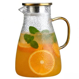 Glass Pitcher with Lid, 68 oz/2L Large Capacity, Textured Design with Gold Handle, Dishwasher Safe, for Water, Juice, Coffee, Milk, Tea