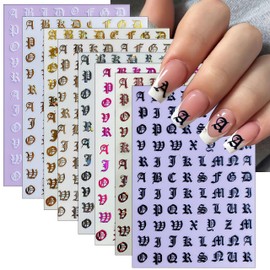 8 Sheets Old English Nail Art Stickers Decals Black and White Letters Characters Nail Decals Laser Glitter Gold Alphabet Nail Art Design Letter Words Nail Stickers for Women Girls Nail Decoration