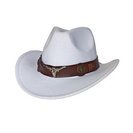 Punctualgood Classic Western Cowboy Cap for Men Womens Wide Brim Fedora Cowgirl Hat with Wide Belt, White, One Size