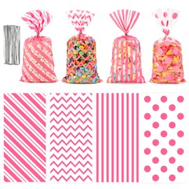 Ohuimrt 100 PCS Pink Cellophane Treat Bags, Clear Goodie Bags Party Favor Bags Plastic Gift Bags with Ties for Candies, Cookies, Snacks, Birthdays, Wedding